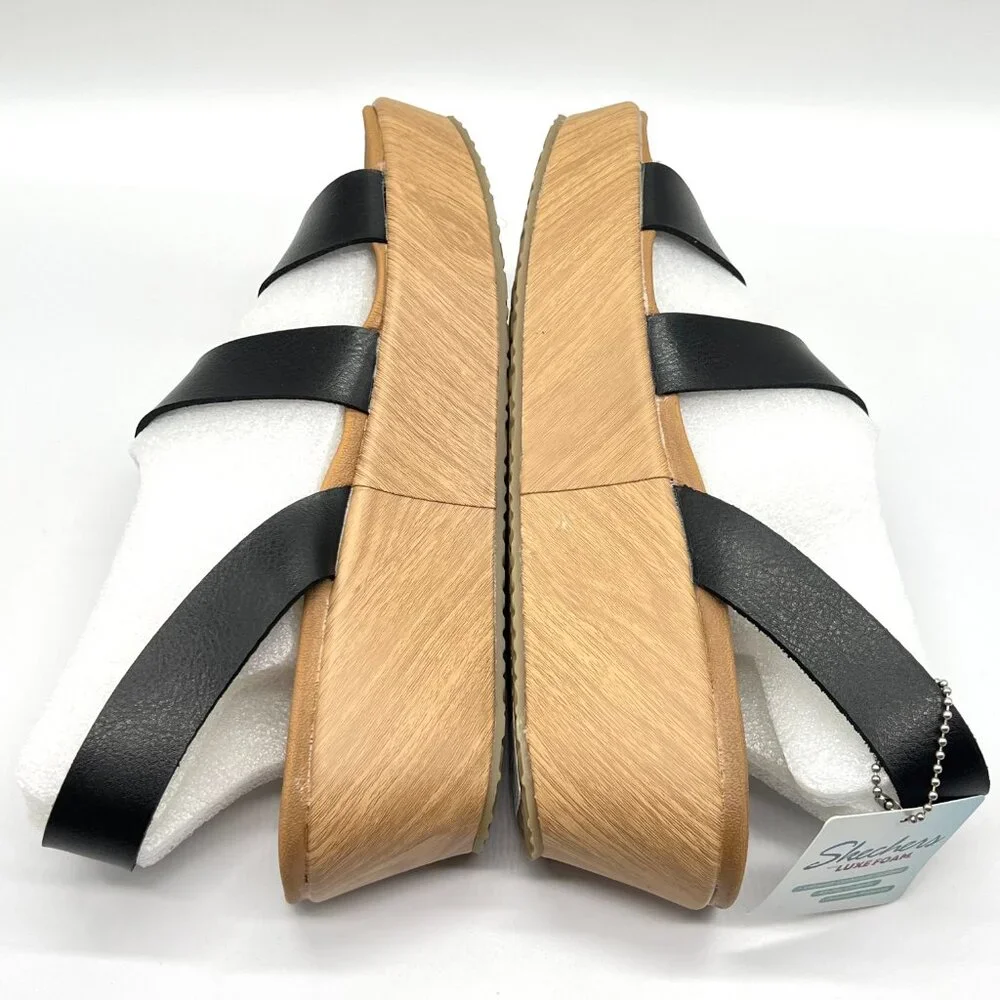 Skechers Womens Size 7.5‎ Black Vegan Leather Platform Sandals Shoes